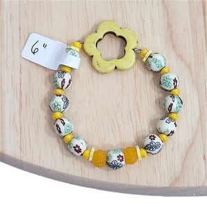 Hand Crafted Kids Yellow Clay Beaded Floral Stretch Bracelet Size 6"